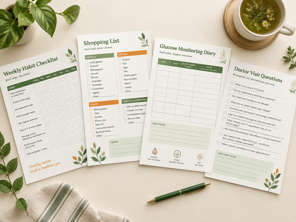 Mockup dos materiais bónus: checklist, lista de compras e diário