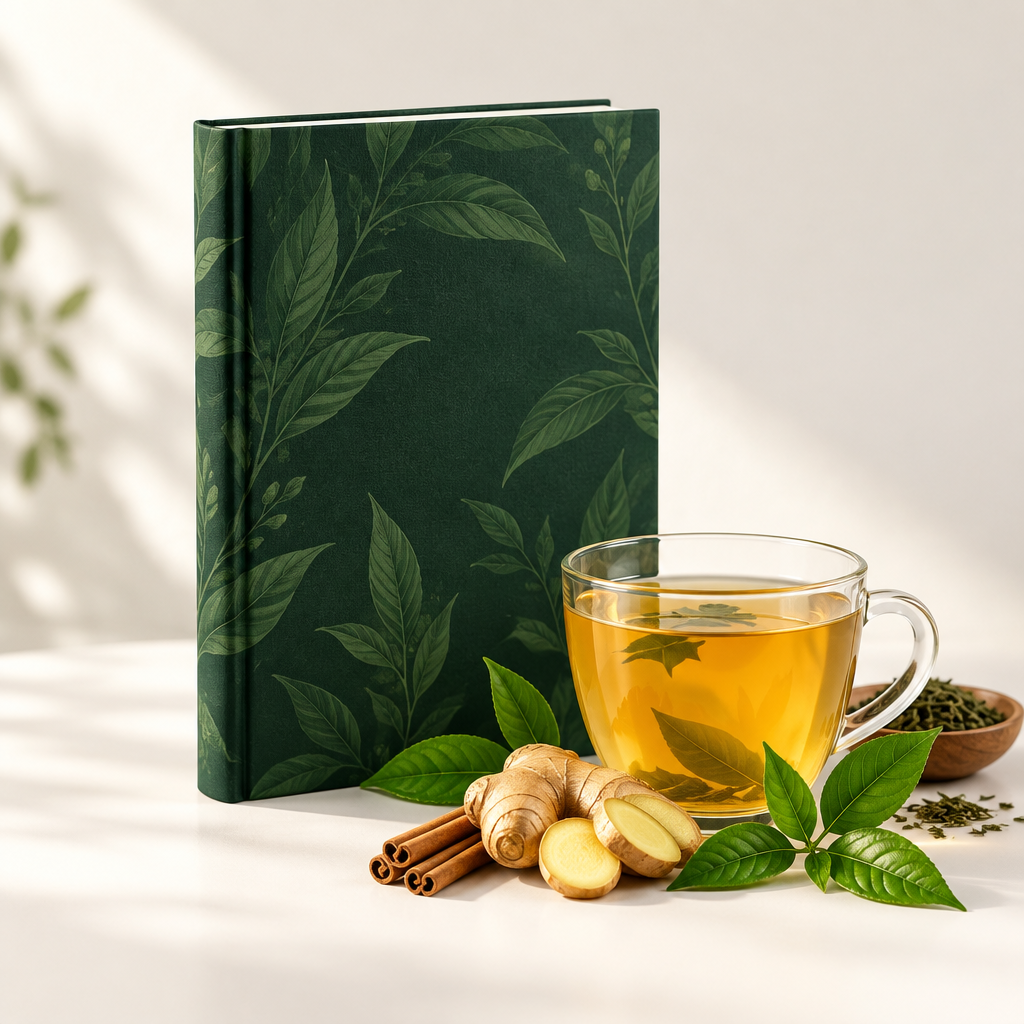 Mockup 3D do e-book com chá e plantas